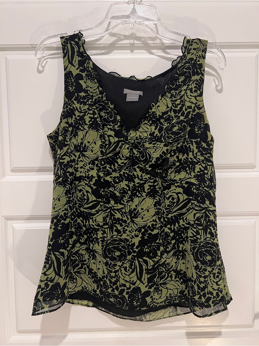 Ann Taylor Olive Green and Black Floral V-Neck blouse